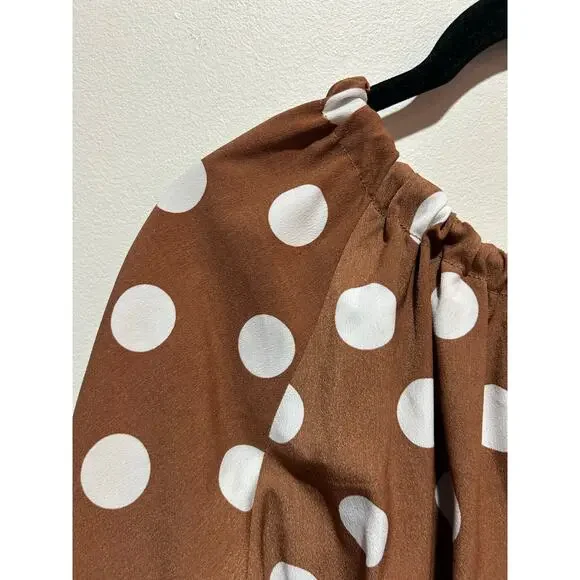 Dee Elly brown polka dot dress size M short cut outs puff sleeve lined - Picture 2 of 9